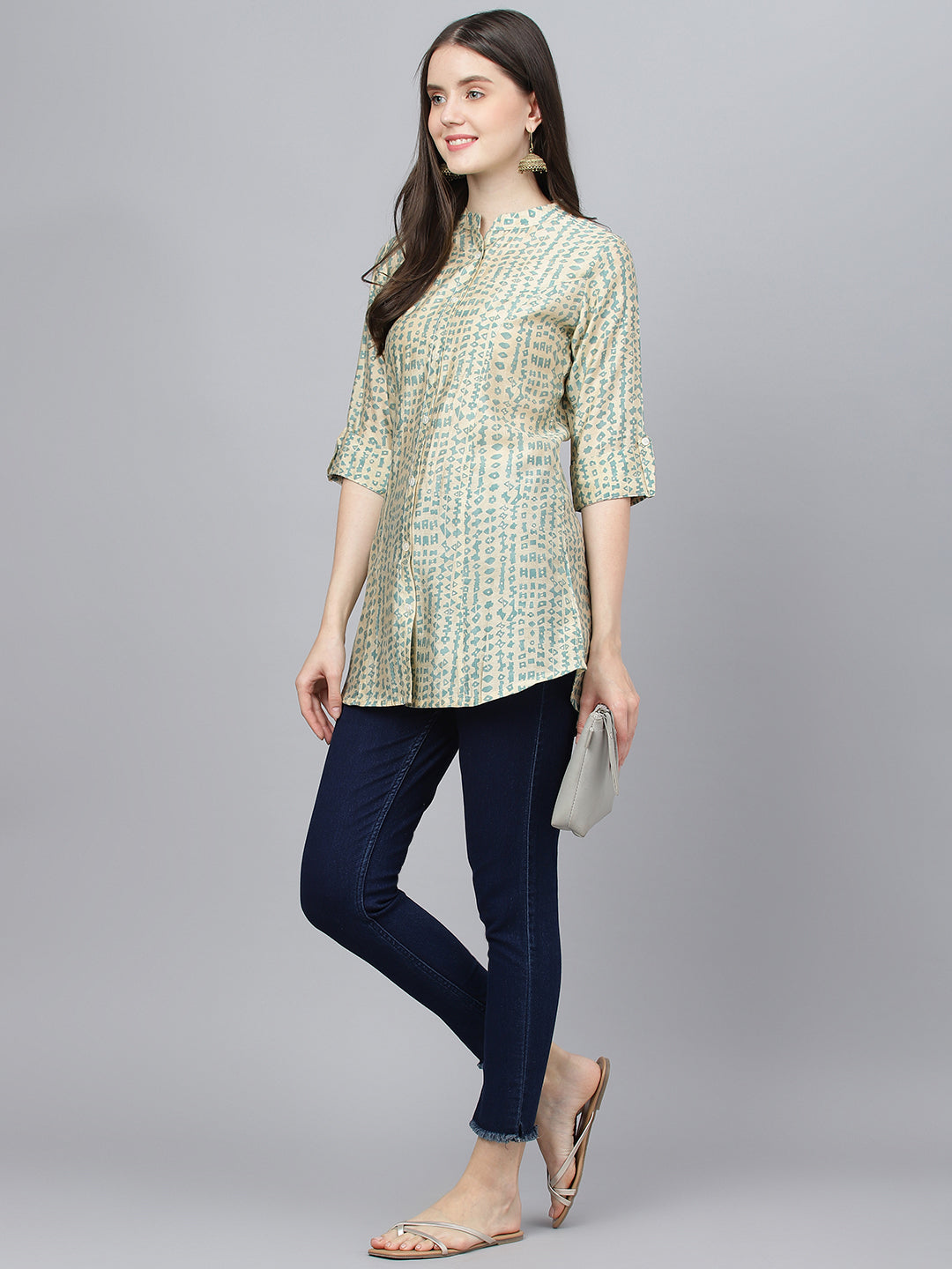 Women's Cream Abstract printed Modal A-line Shirts Style Top - Taantav