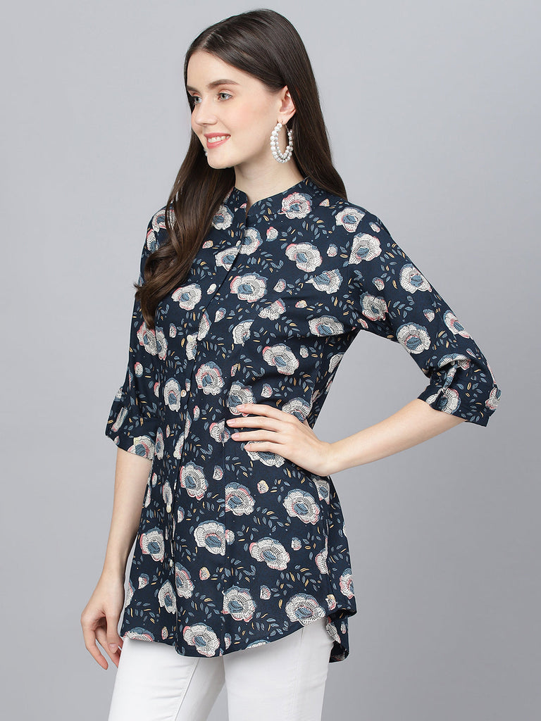 Women's Blue Floral printed Rayon A-line Shirts Style Top