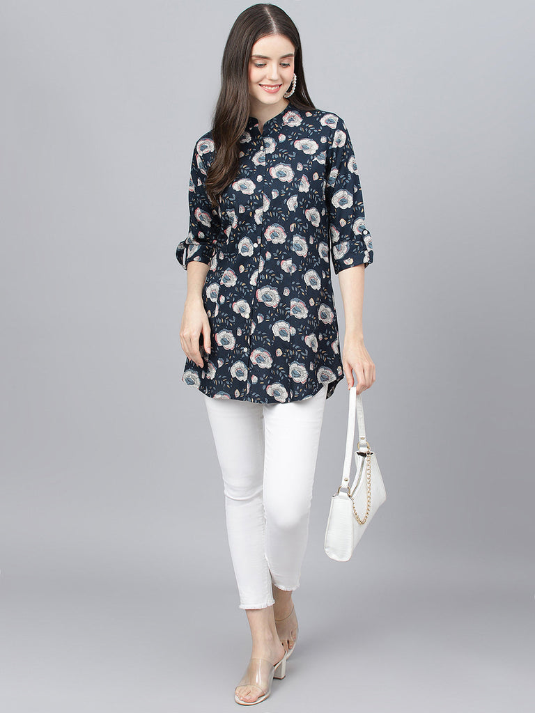Women's Blue Floral printed Rayon A-line Shirts Style Top