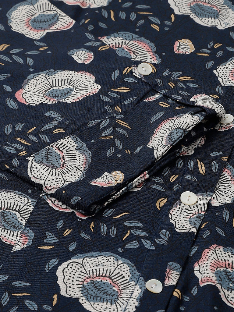 Women's Blue Floral printed Rayon A-line Shirts Style Top