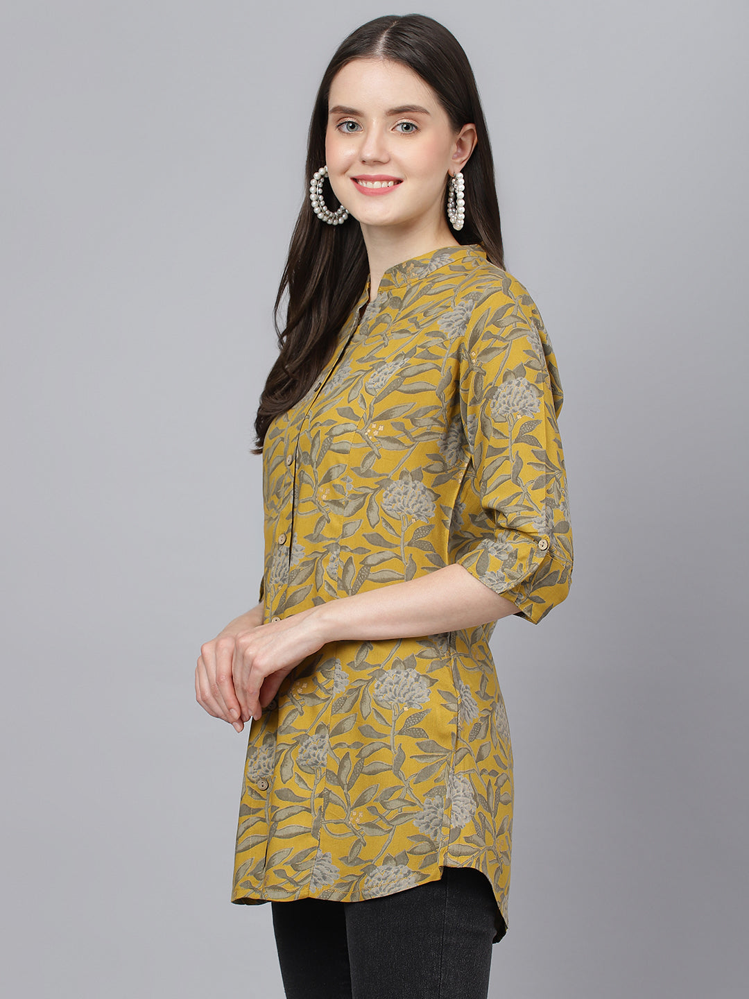 Women's Mustard Floral printed Rayon A-line Shirts Style Top - Taantav