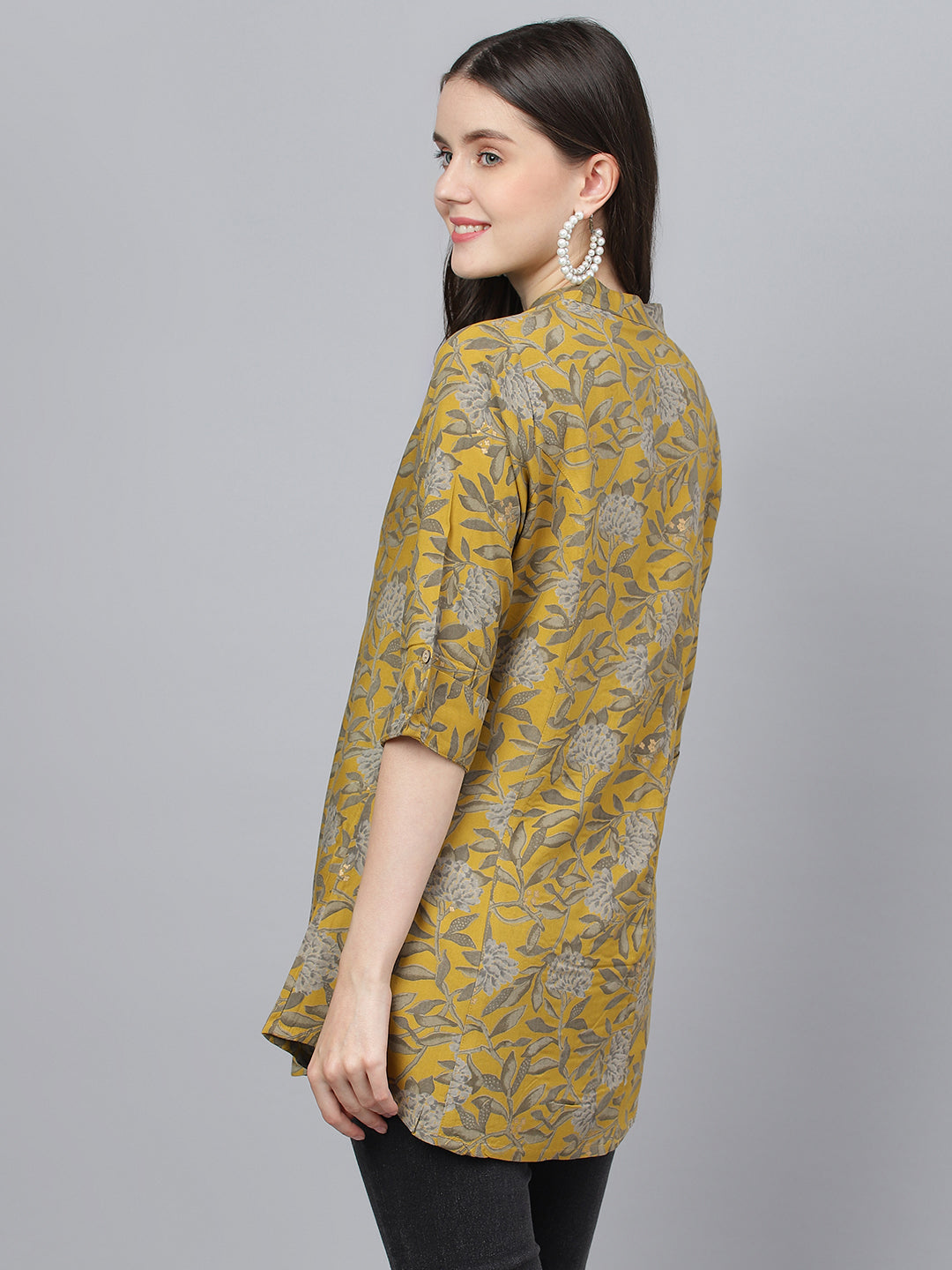 Women's Mustard Floral printed Rayon A-line Shirts Style Top - Taantav