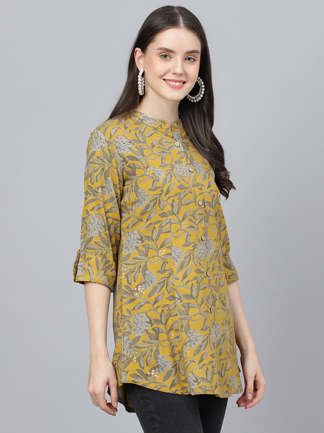 Women's Mustard Floral printed Rayon A-line Shirts Style Top - Taantav