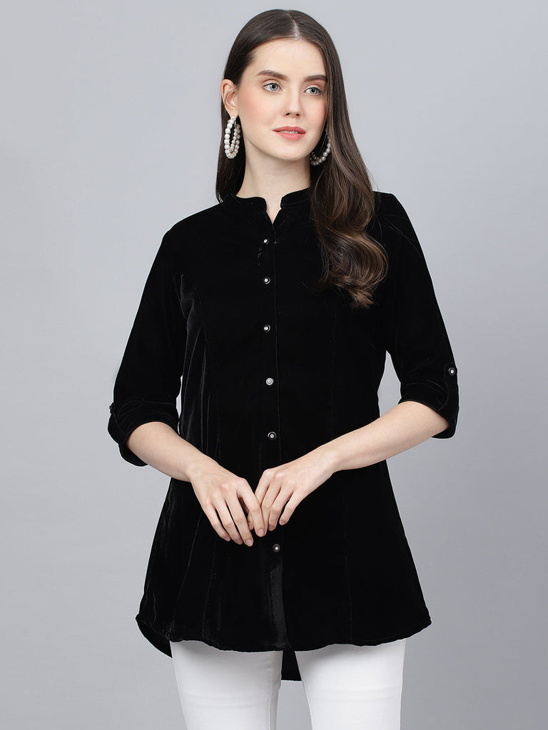 Women's Black Solid Velvet A-line Shirts Style Top