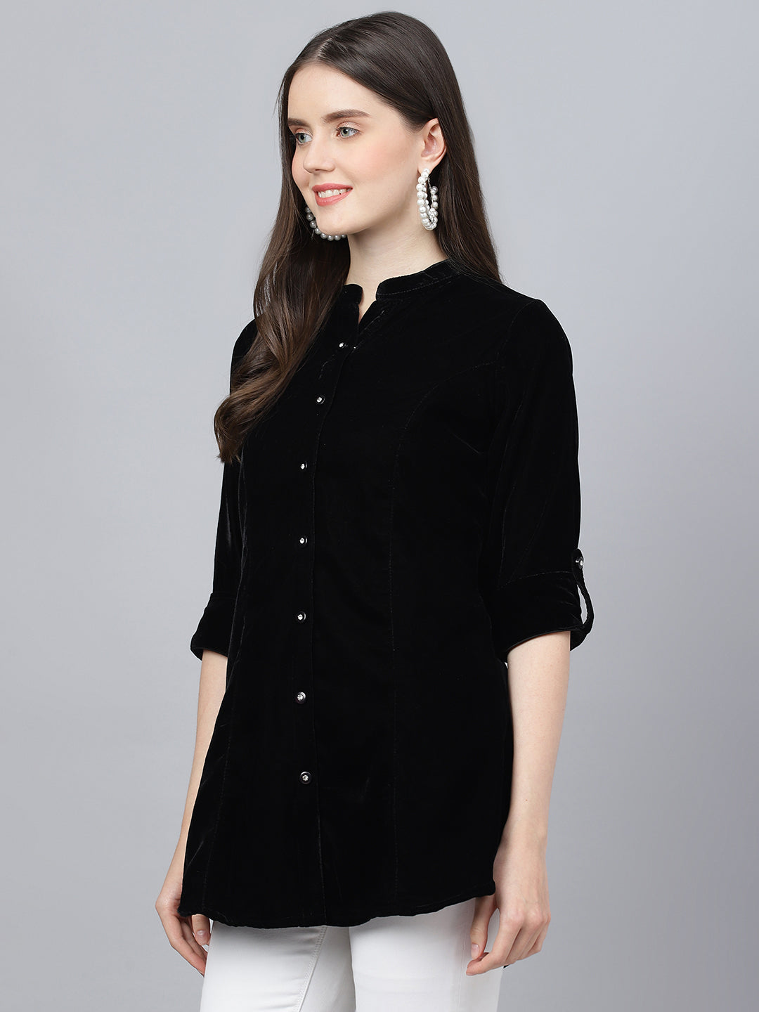 Women's Black Solid Velvet A-line Shirts Style Top - Taantav