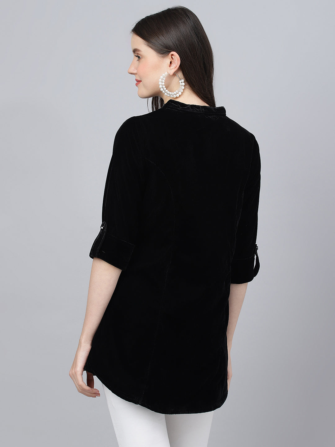 Women's Black Solid Velvet A-line Shirts Style Top - Taantav