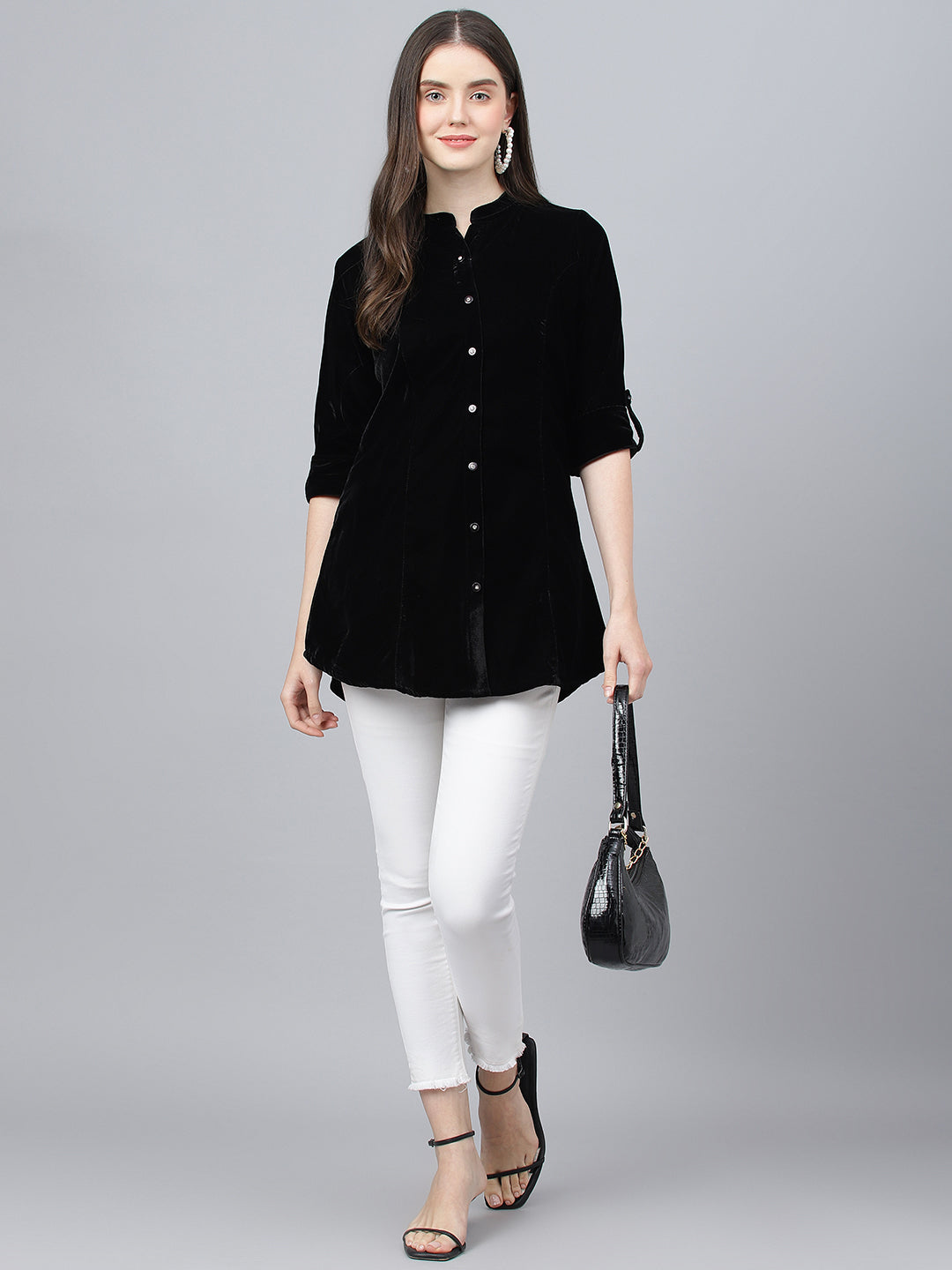 Women's Black Solid Velvet A-line Shirts Style Top - Taantav