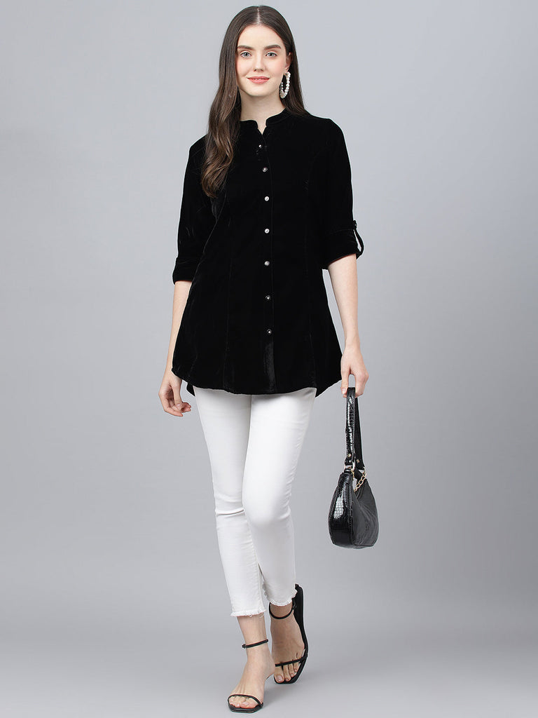 Women's Black Solid Velvet A-line Shirts Style Top