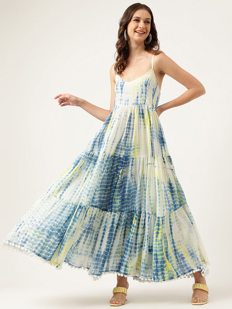 Women's Blue Tie and Dye Dyed with Pom-Pom Detail Maxi Dress