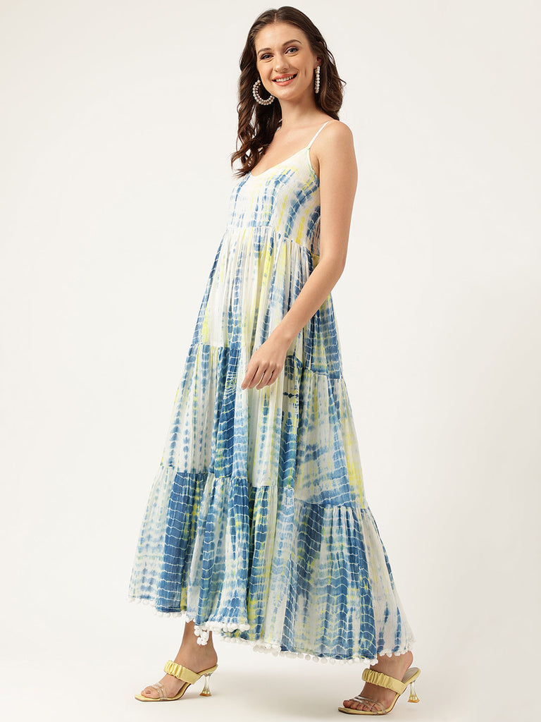 Women's Blue Tie and Dye Dyed with Pom-Pom Detail Maxi Dress