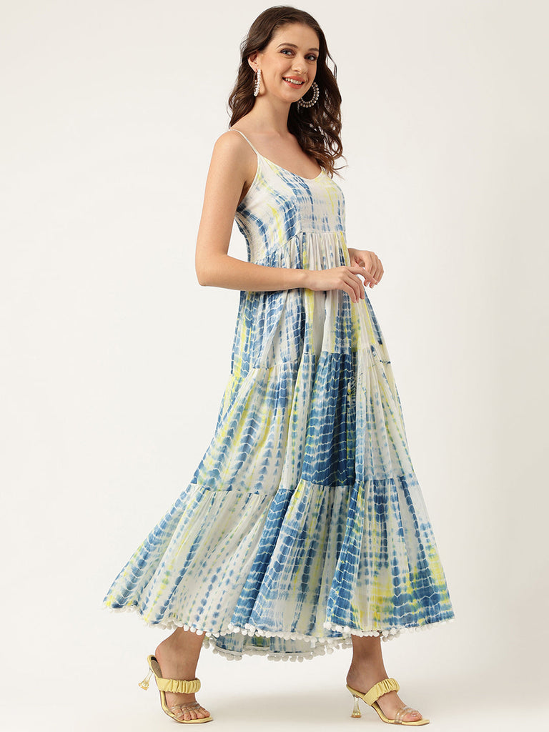 Women's Blue Tie and Dye Dyed with Pom-Pom Detail Maxi Dress