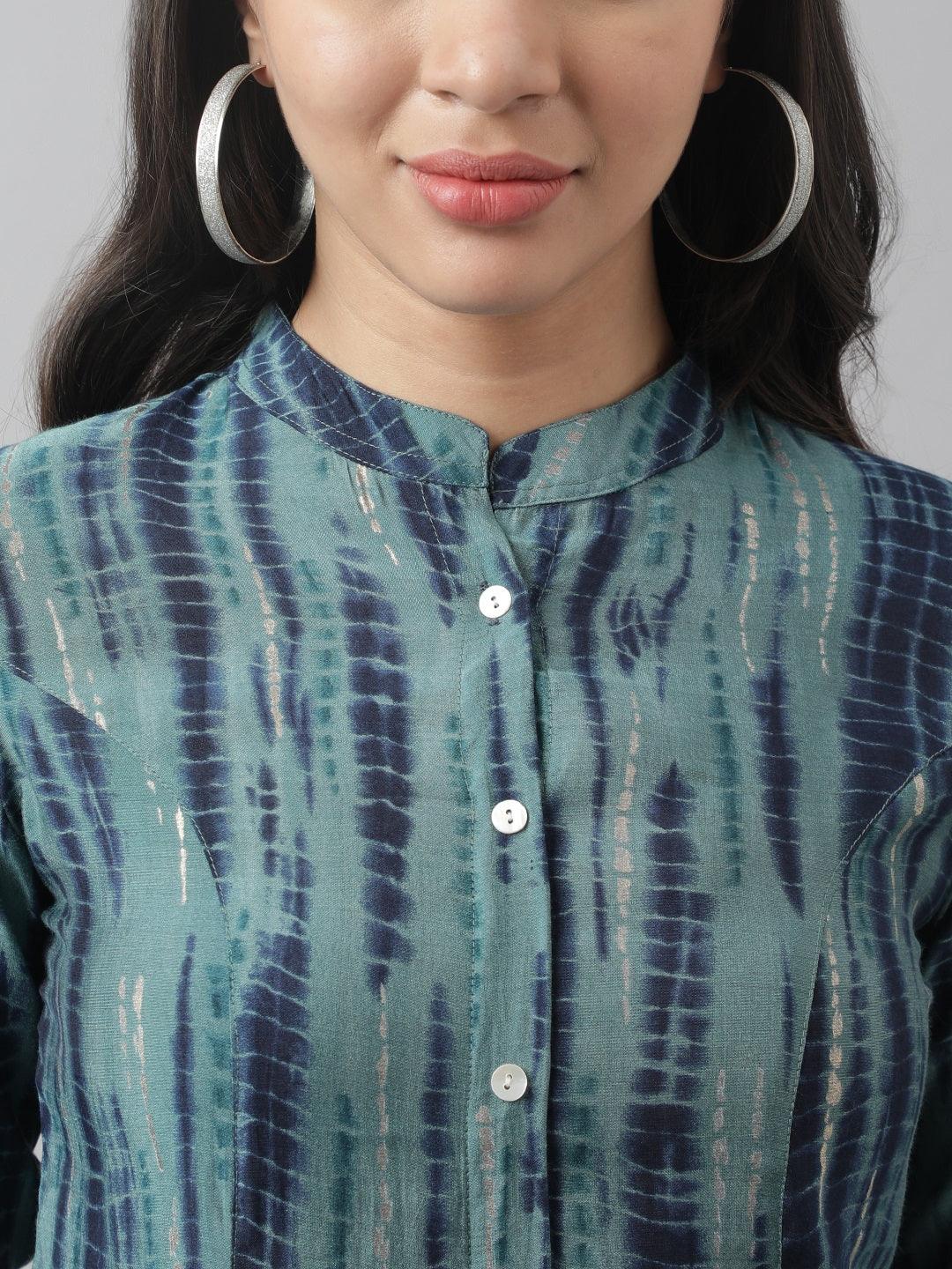 Women's Teal Floral Printed Muslin A-line Shirt Style Top - Taantav