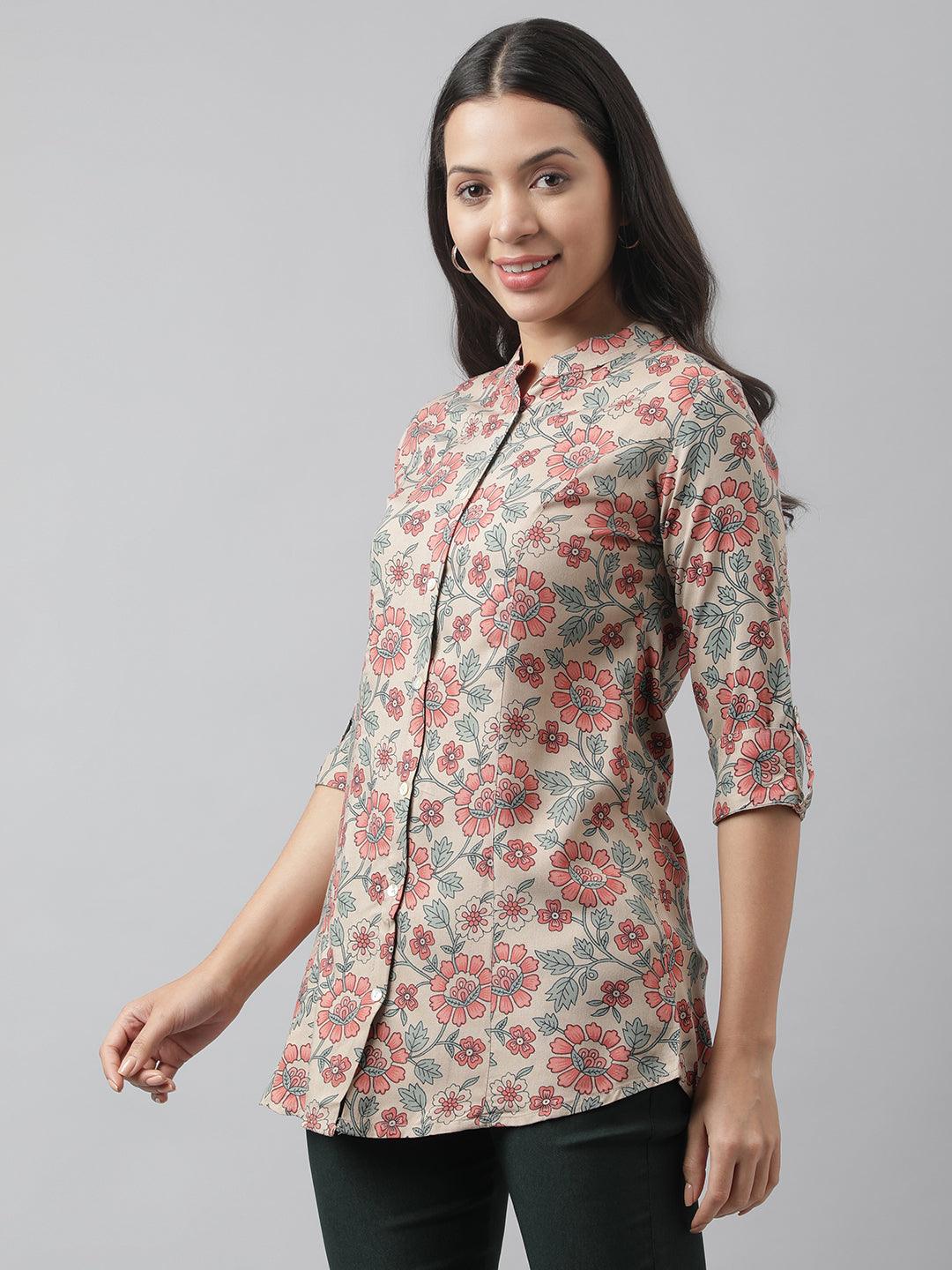 Women's Dark Beige Floral Printed Rayon A-line Shirt Style Top - Taantav