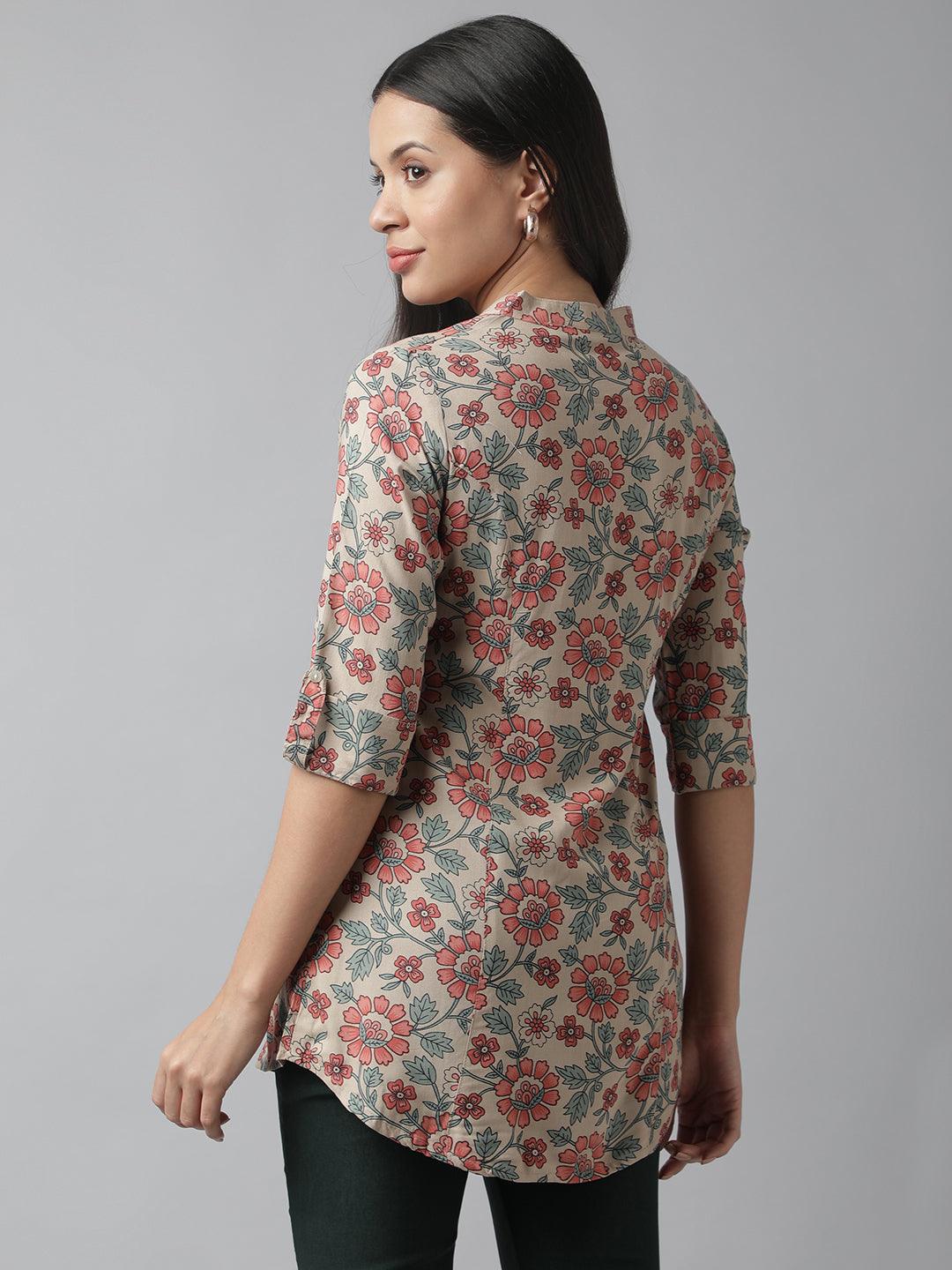 Women's Dark Beige Floral Printed Rayon A-line Shirt Style Top - Taantav