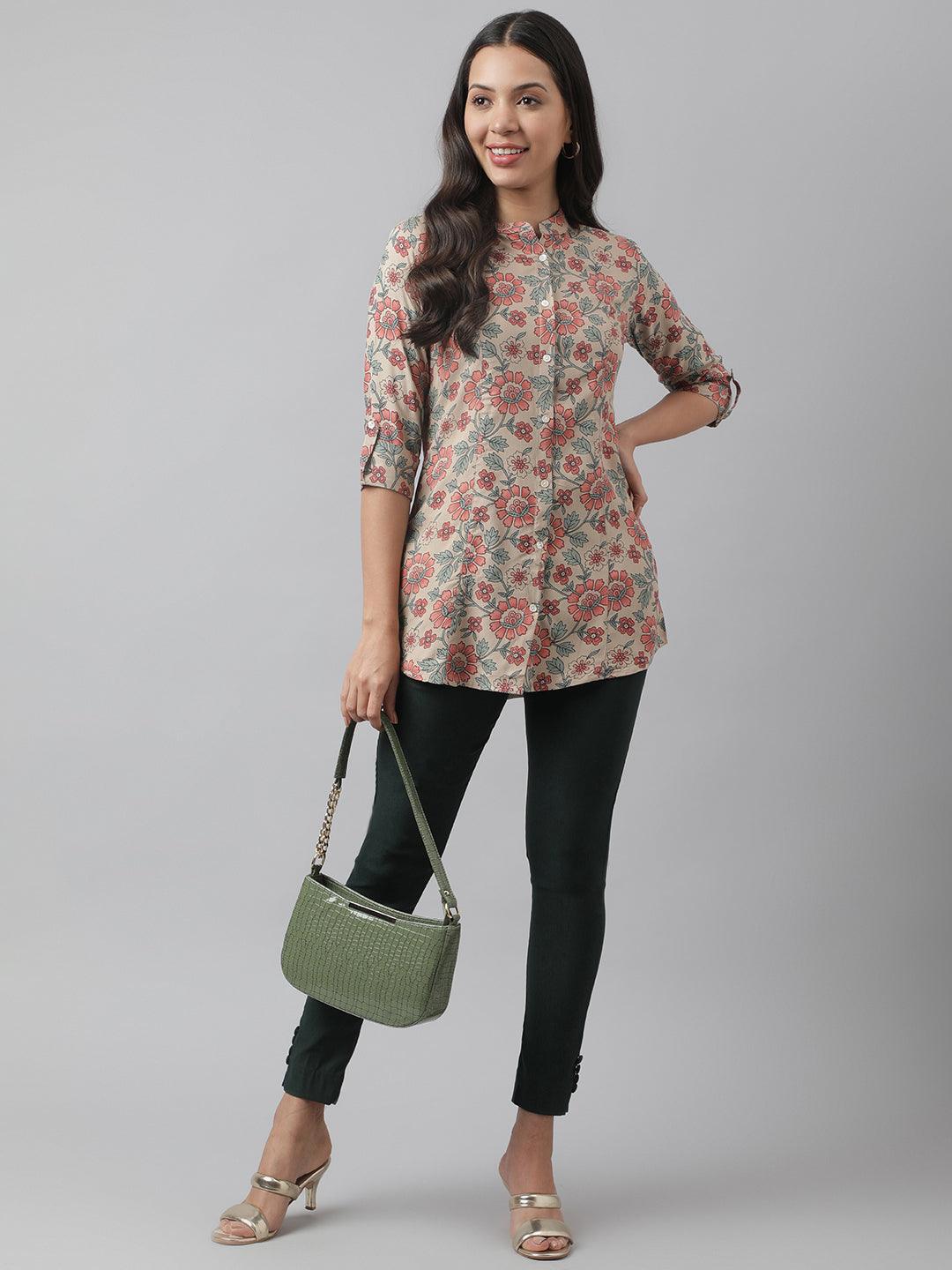 Women's Dark Beige Floral Printed Rayon A-line Shirt Style Top - Taantav