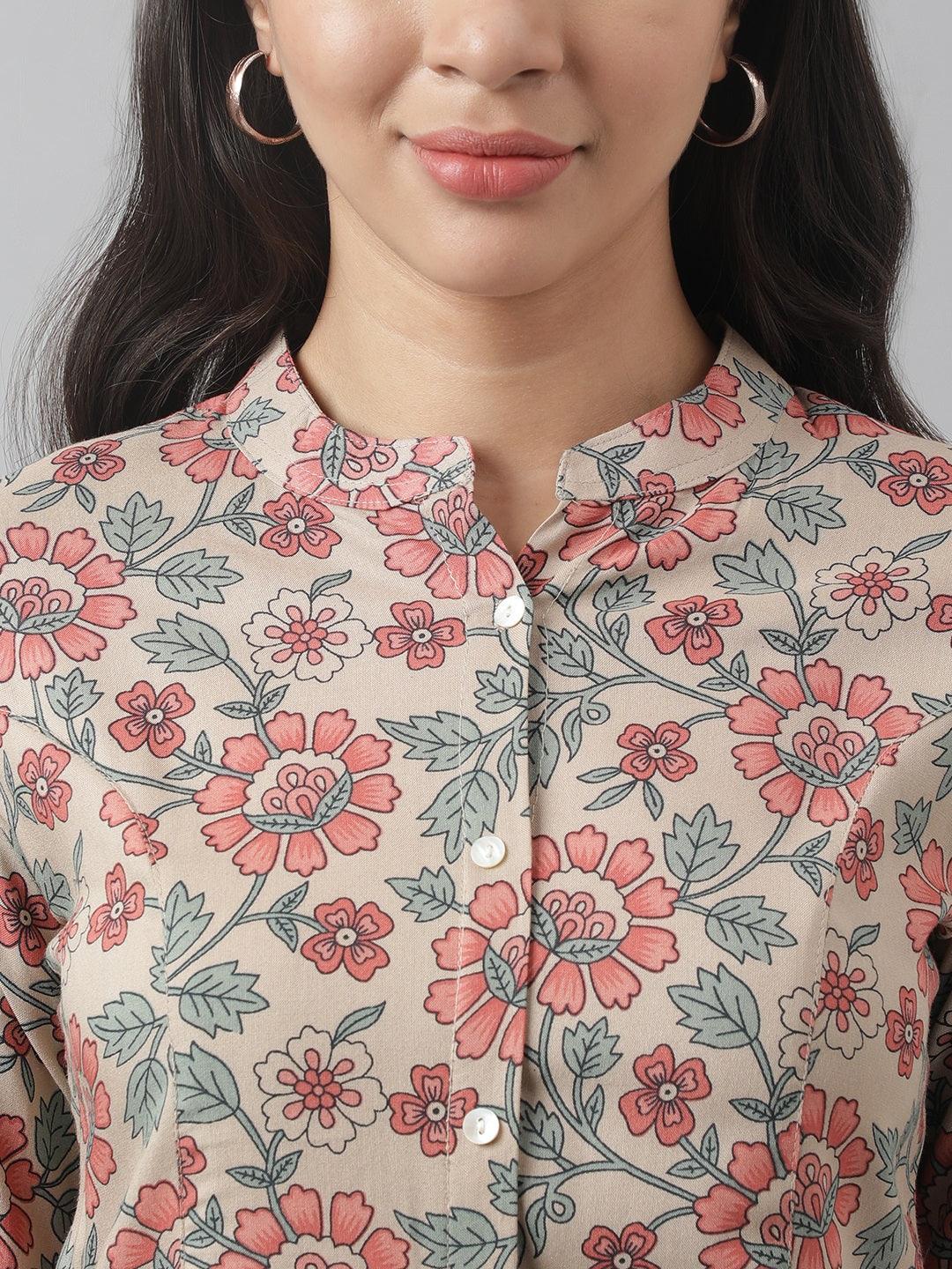 Women's Dark Beige Floral Printed Rayon A-line Shirt Style Top - Taantav