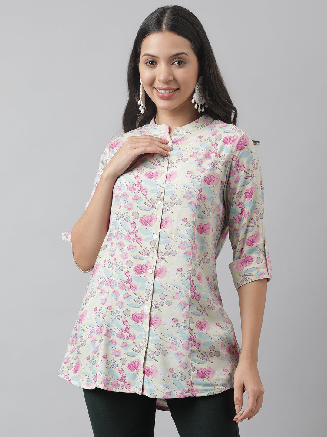 Women's Cream & Pink Floral Print Mandarin Collar Roll-Up Sleeves A-line Shirt Style Top - Taantav