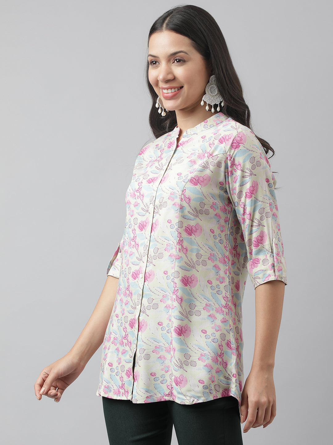 Women's Cream & Pink Floral Print Mandarin Collar Roll-Up Sleeves A-line Shirt Style Top - Taantav