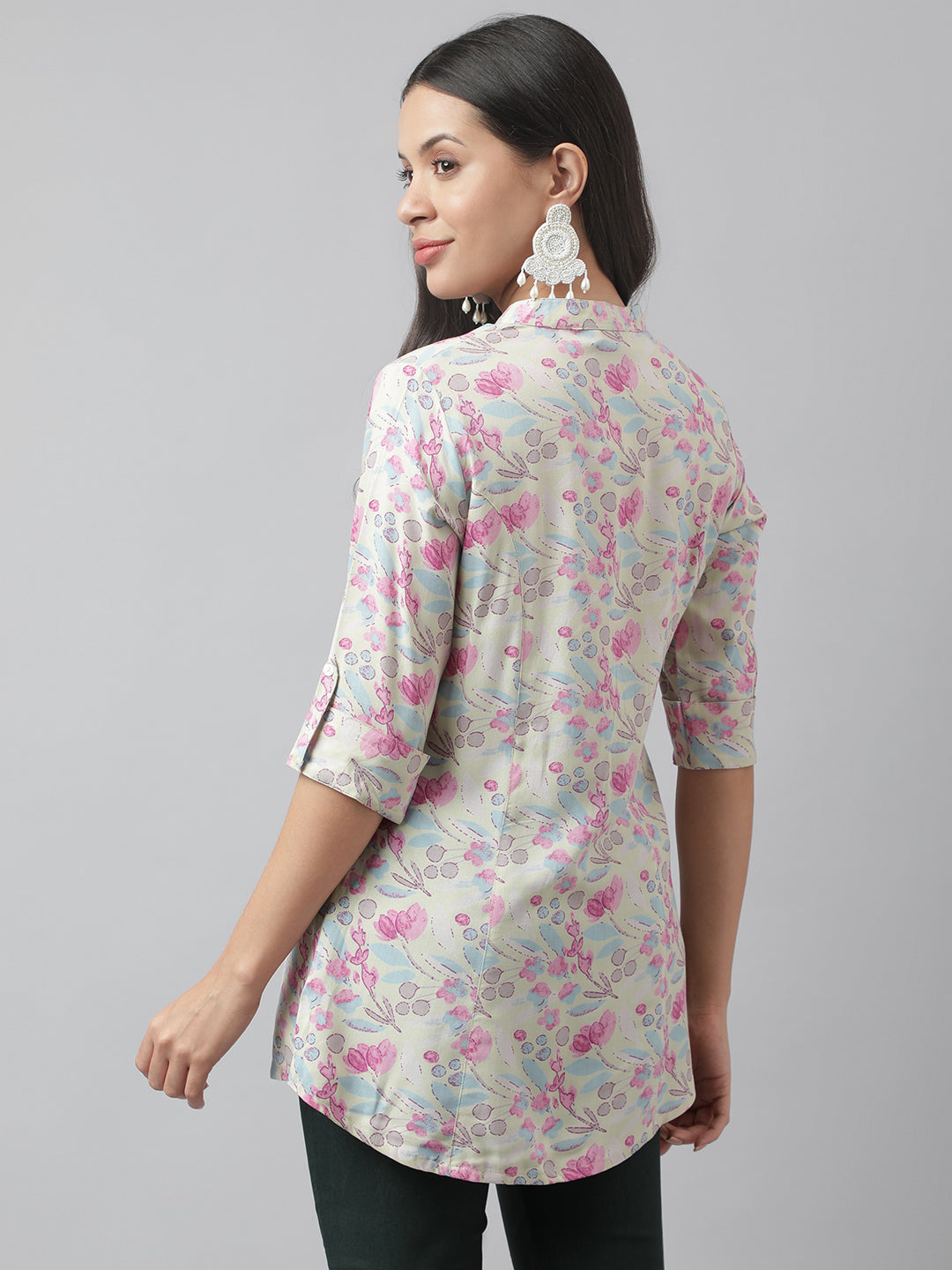 Women's Cream & Pink Floral Print Mandarin Collar Roll-Up Sleeves A-line Shirt Style Top - Taantav