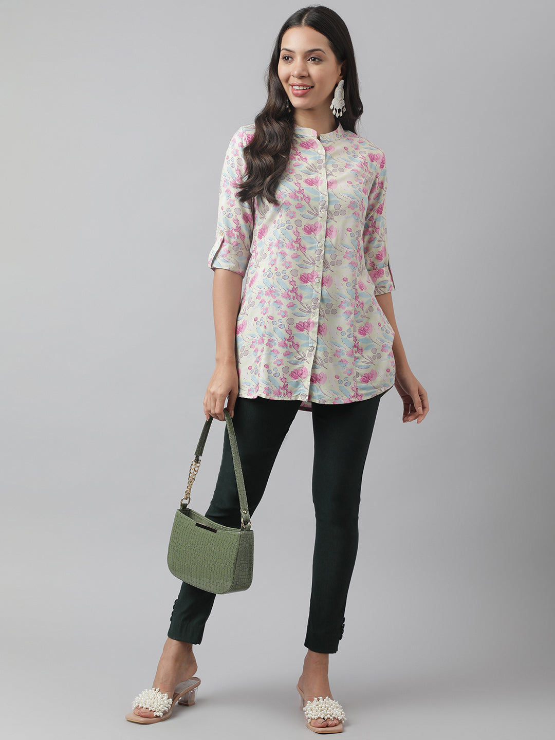 Women's Cream & Pink Floral Print Mandarin Collar Roll-Up Sleeves A-line Shirt Style Top - Taantav