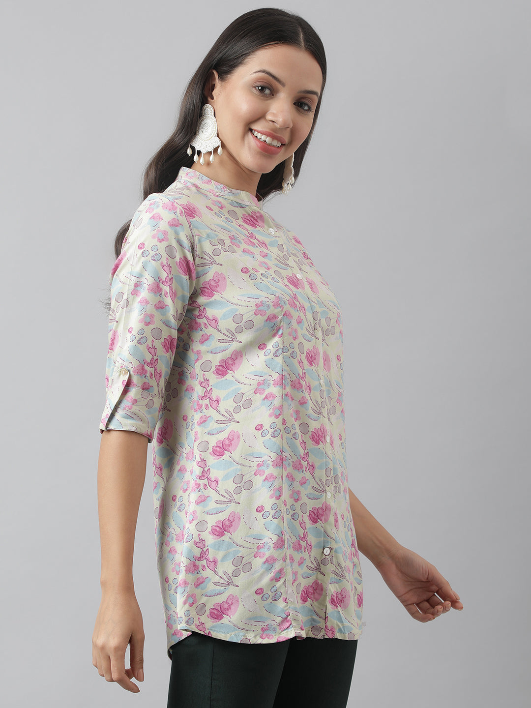 Women's Cream & Pink Floral Print Mandarin Collar Roll-Up Sleeves A-line Shirt Style Top - Taantav