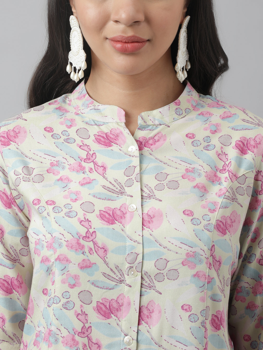 Women's Cream & Pink Floral Print Mandarin Collar Roll-Up Sleeves A-line Shirt Style Top - Taantav