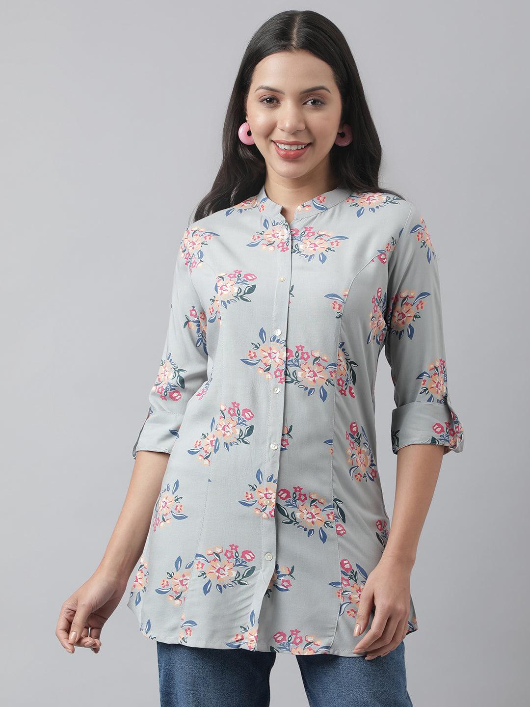 Women's Gray Floral Printed Rayon A-line Shirt Style Top - Taantav