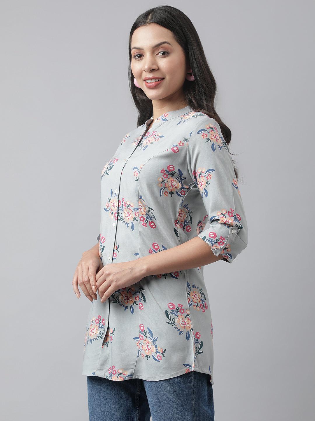 Women's Gray Floral Printed Rayon A-line Shirt Style Top - Taantav