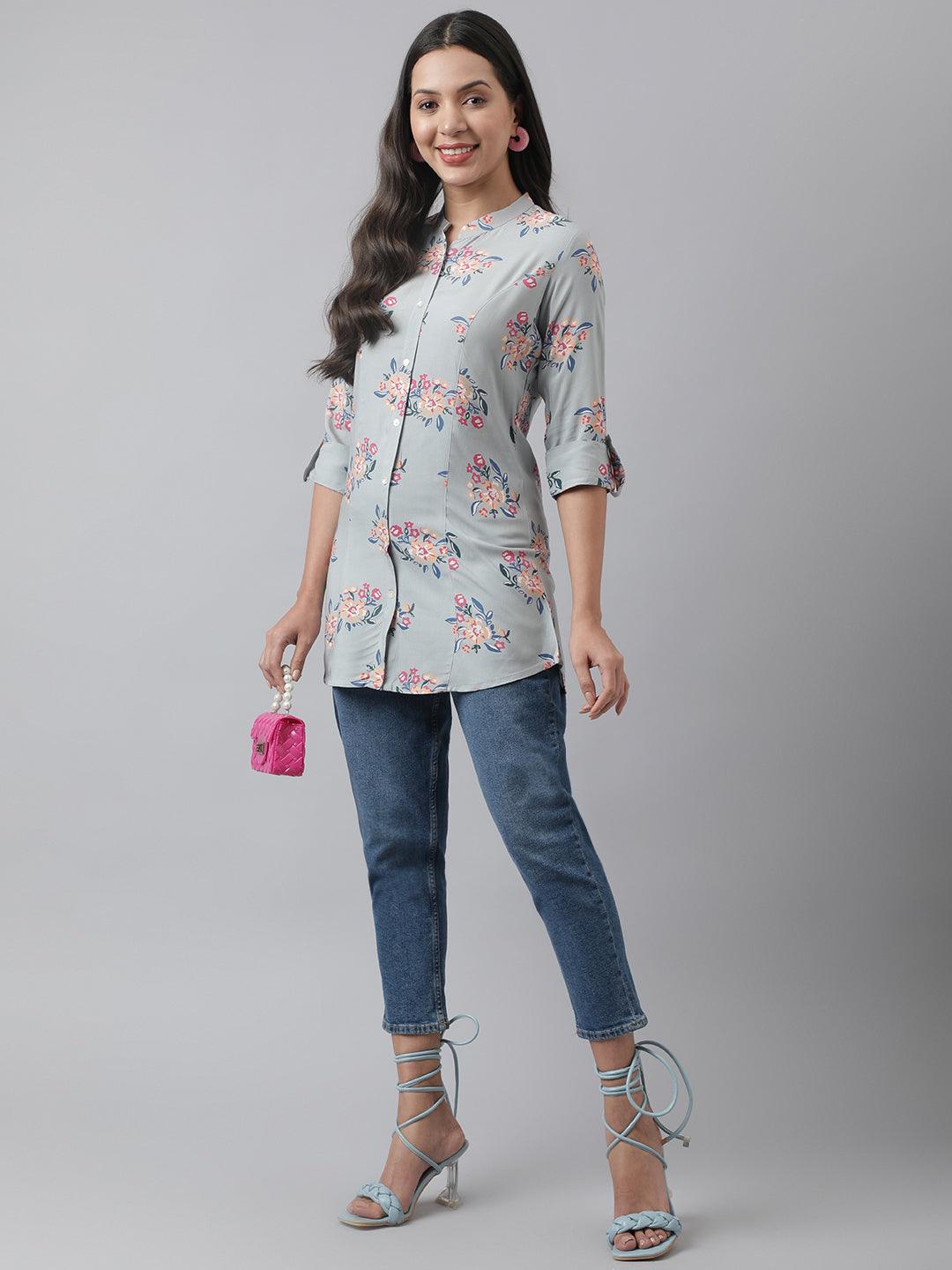 Women's Gray Floral Printed Rayon A-line Shirt Style Top - Taantav