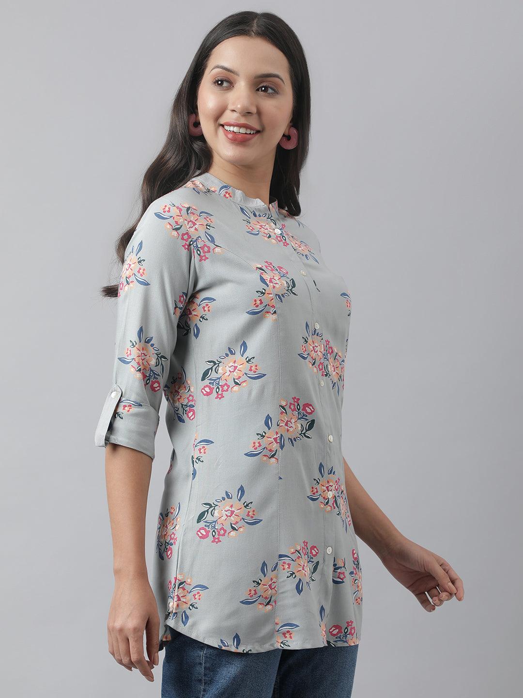 Women's Gray Floral Printed Rayon A-line Shirt Style Top - Taantav