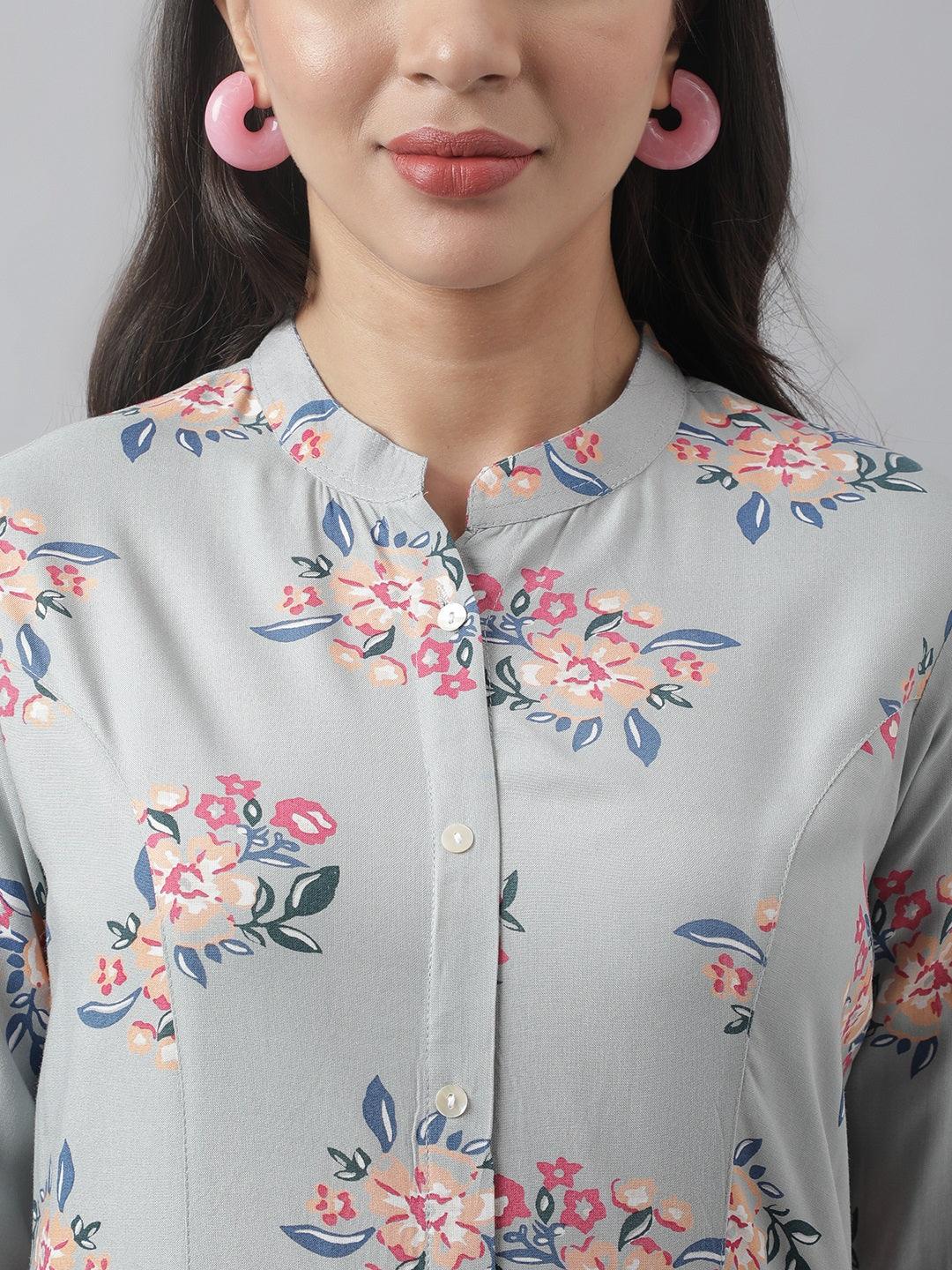 Women's Gray Floral Printed Rayon A-line Shirt Style Top - Taantav