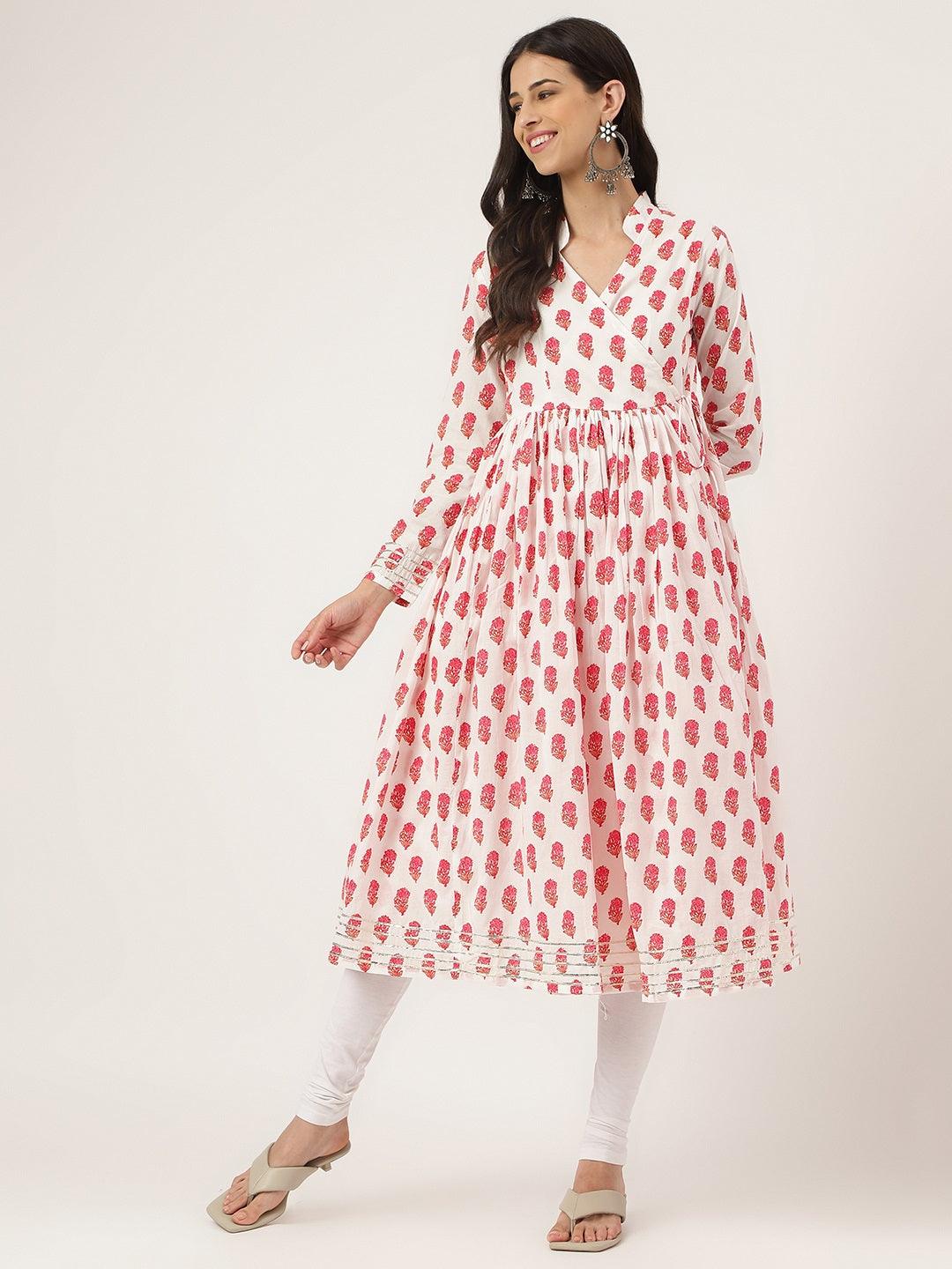 Women's White and Red Floral Printed Angarakha Kurta - Taantav