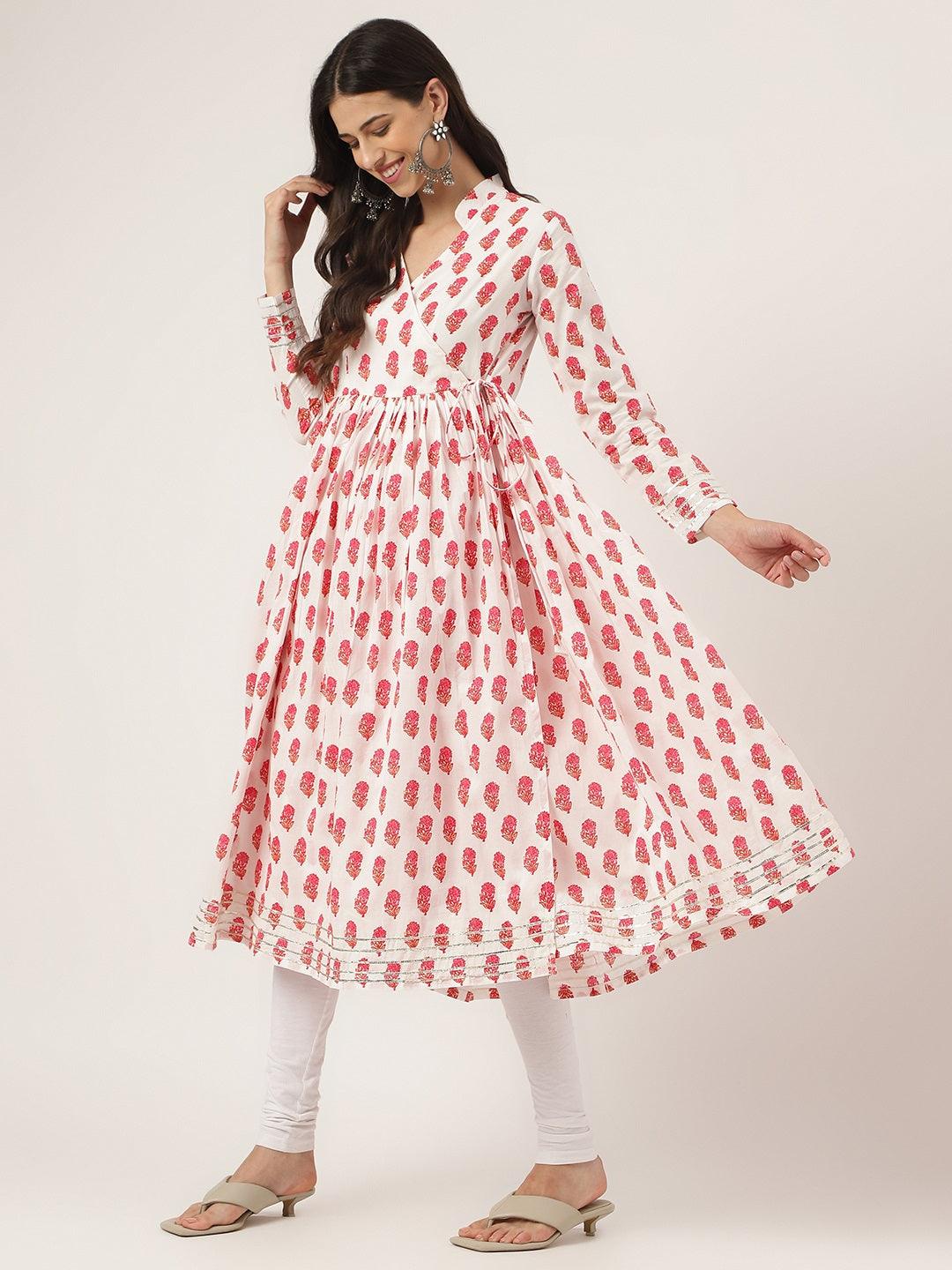 Women's White and Red Floral Printed Angarakha Kurta - Taantav