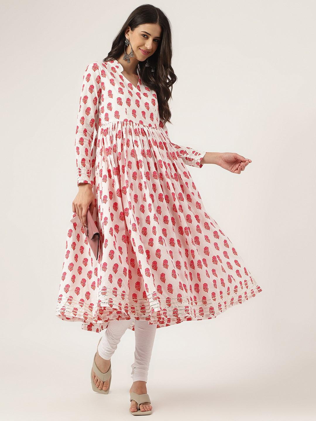 Women's White and Red Floral Printed Angarakha Kurta - Taantav