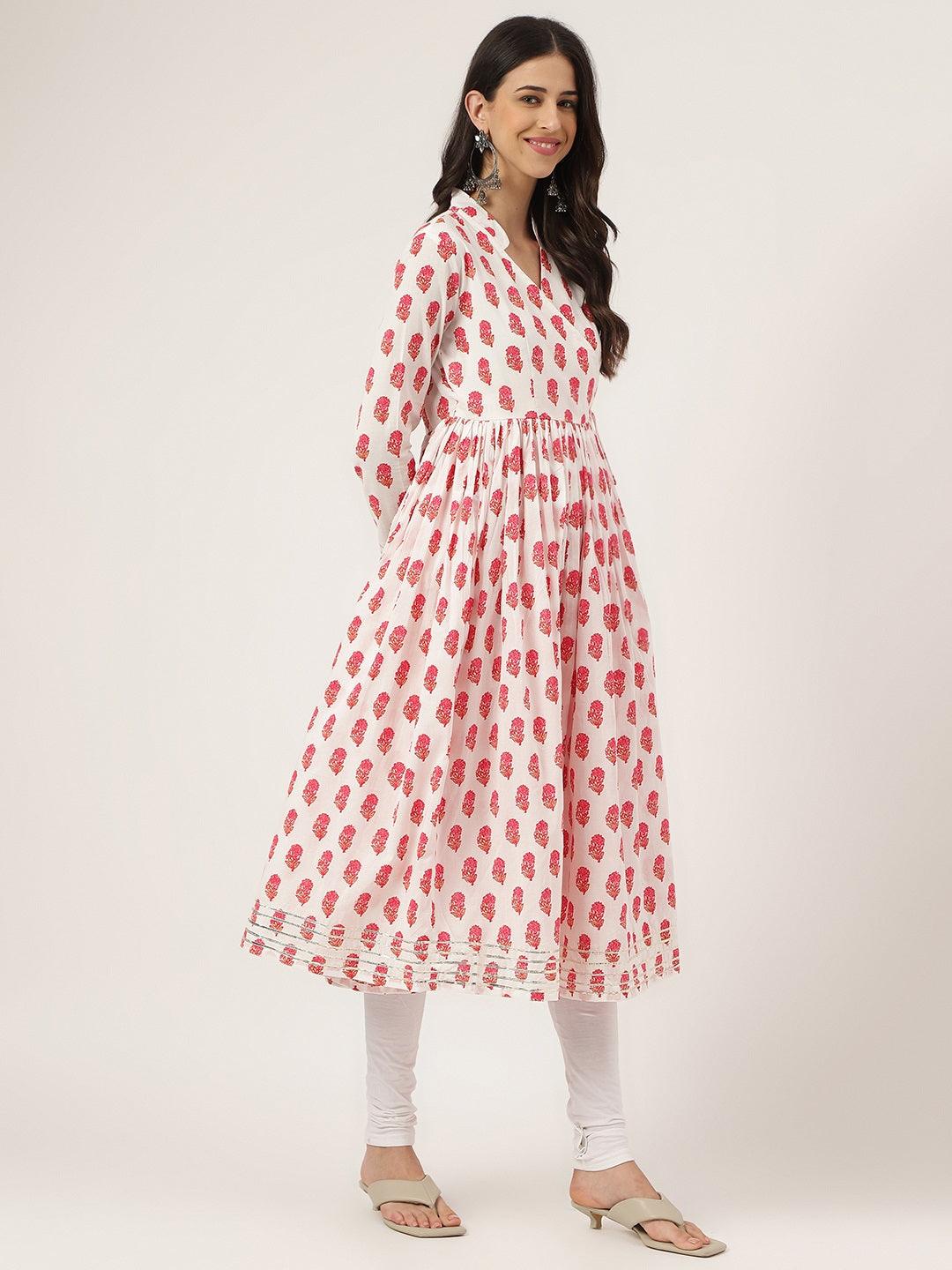 Women's White and Red Floral Printed Angarakha Kurta - Taantav