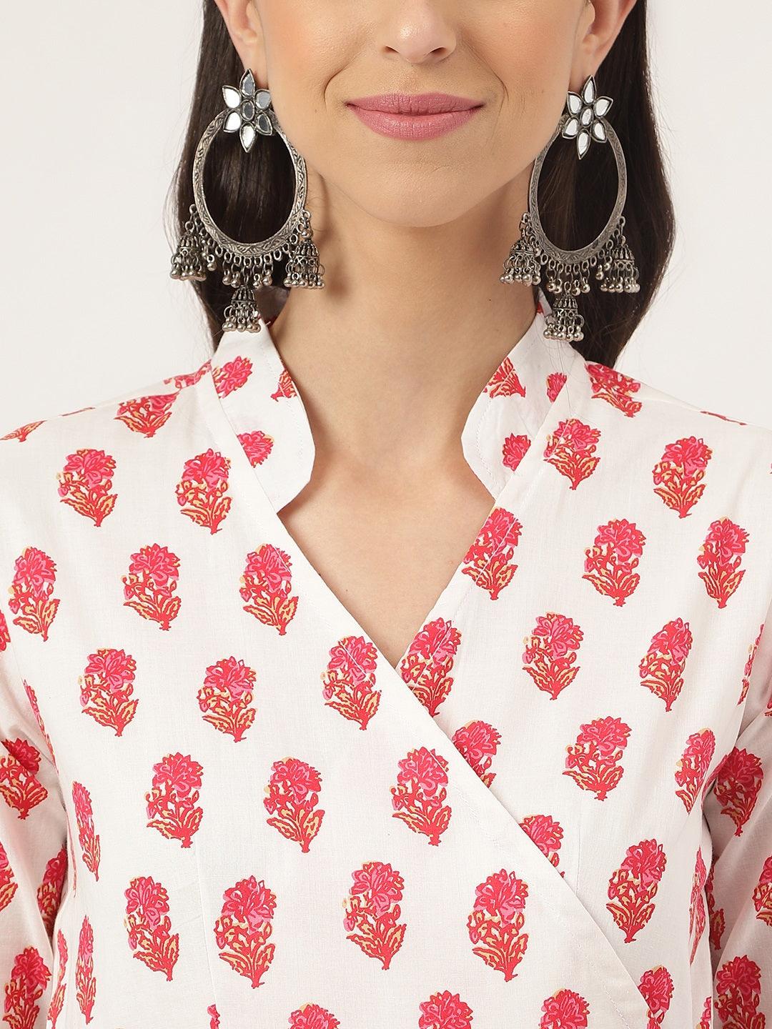 Women's White and Red Floral Printed Angarakha Kurta - Taantav