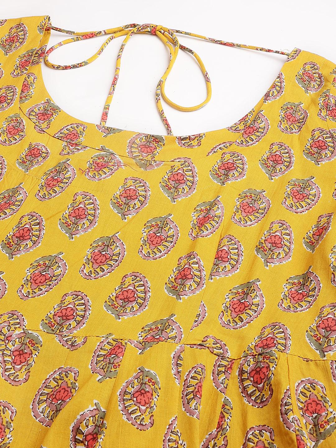 Women's Yellow Cotton Anarkali Kurta Pant Set with Dupatta - Taantav