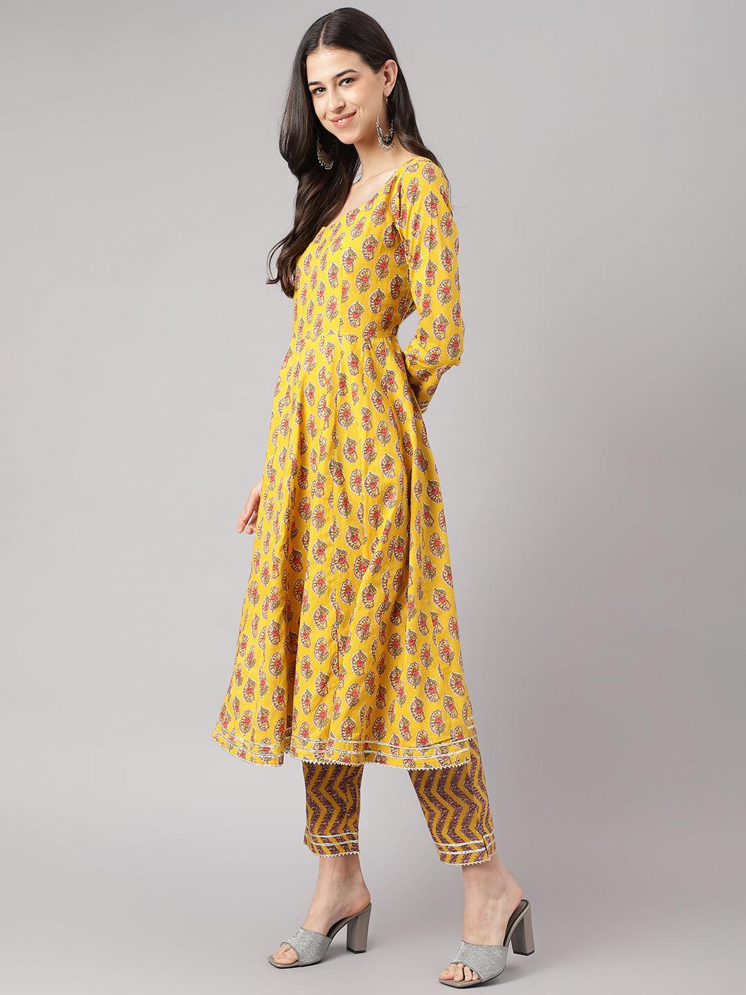 Women's Yellow Cotton Anarkali Kurta Pant Set with Dupatta - Taantav