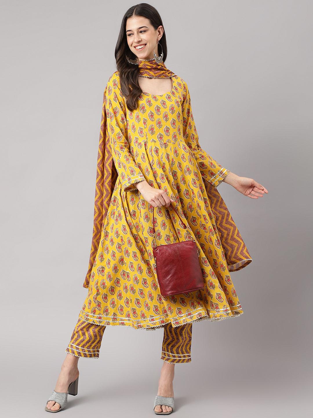 Women's Yellow Cotton Anarkali Kurta Pant Set with Dupatta - Taantav