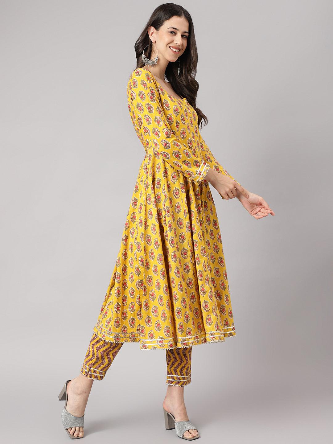 Women's Yellow Cotton Anarkali Kurta Pant Set with Dupatta - Taantav