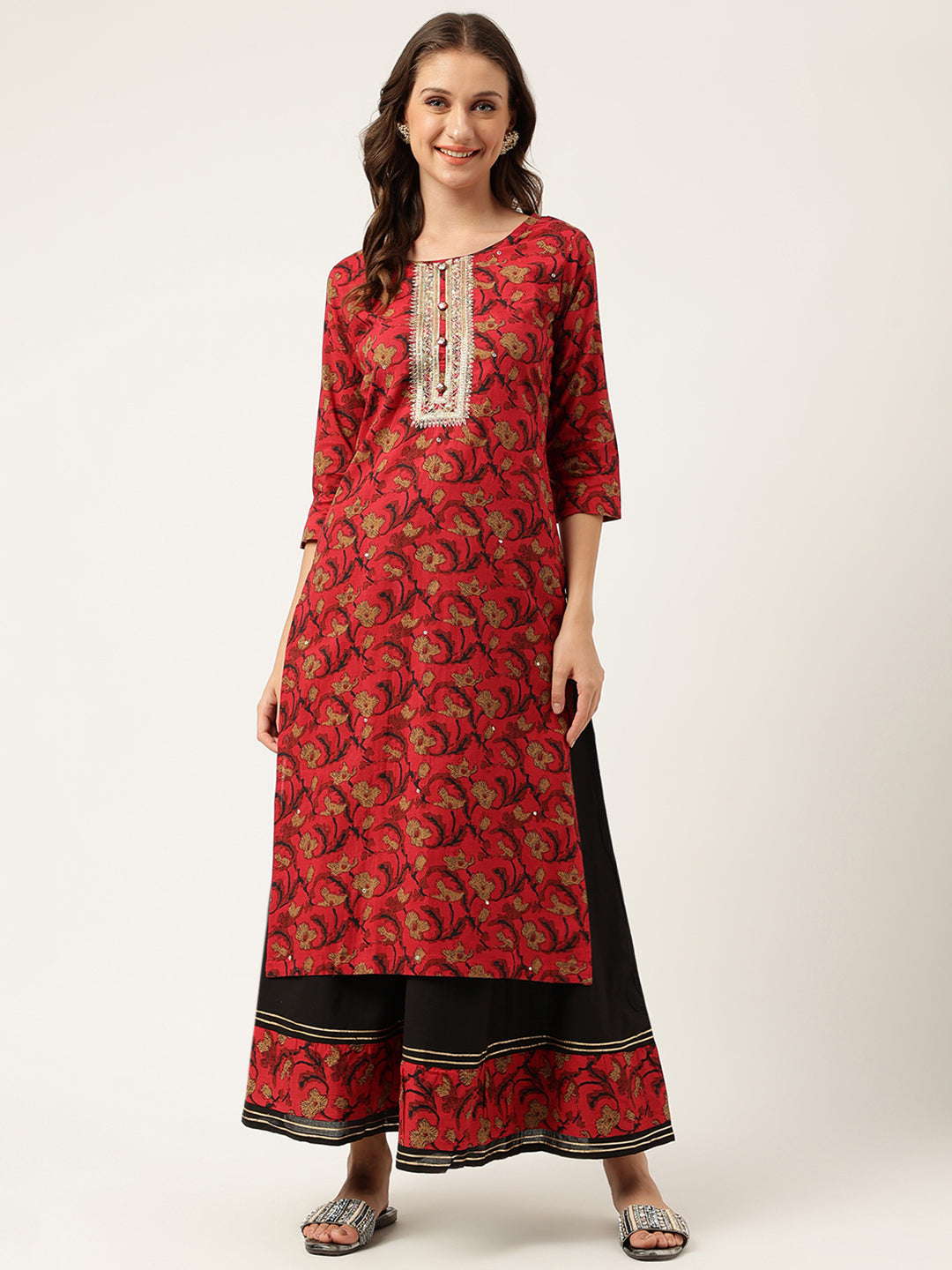 Women's Floral Printed Cotton Kurta with Sharara Set - Taantav