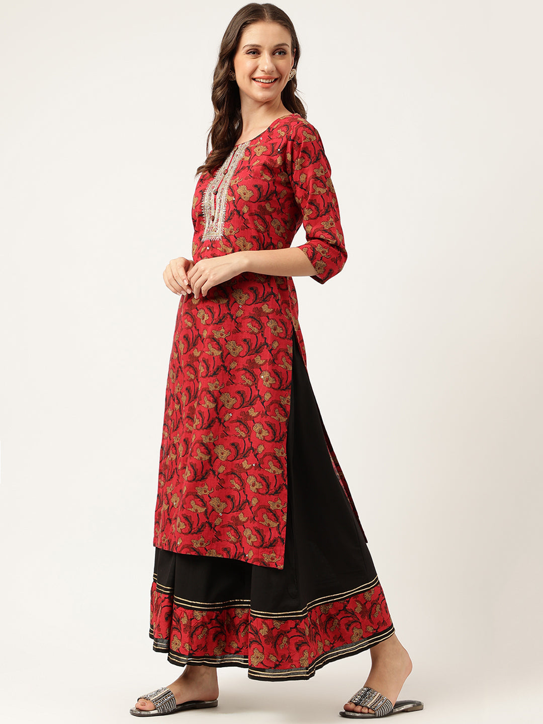 Women's Floral Printed Cotton Kurta with Sharara Set - Taantav