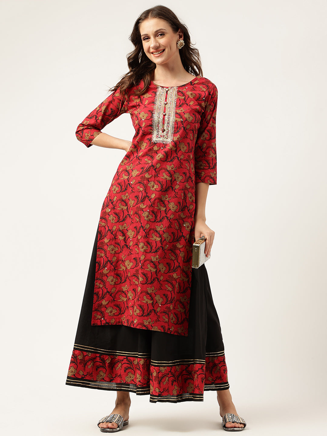 Women's Floral Printed Cotton Kurta with Sharara Set - Taantav