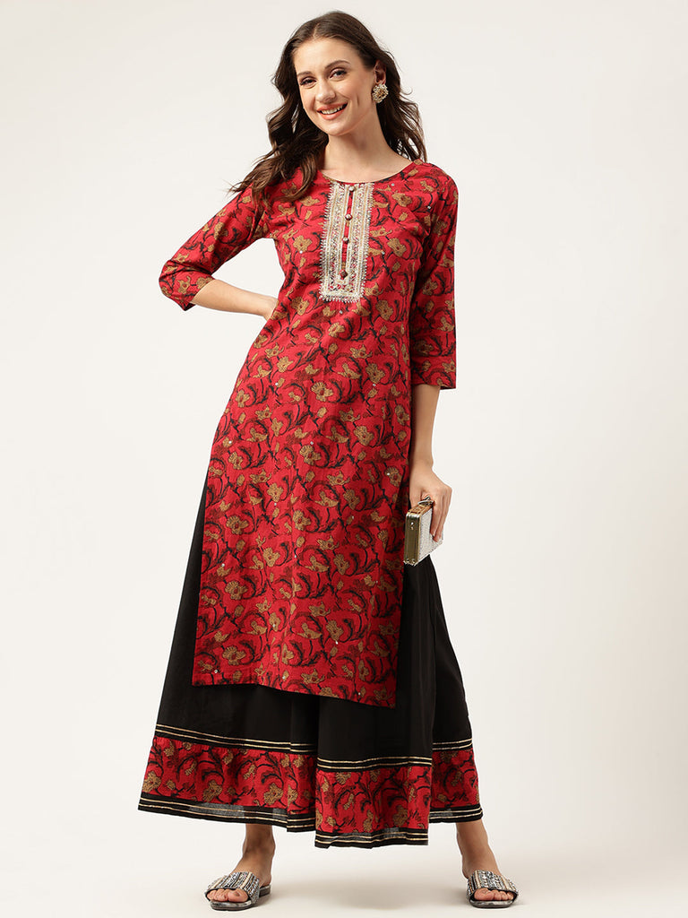 Women's Floral Printed Cotton Kurta with Sharara Set