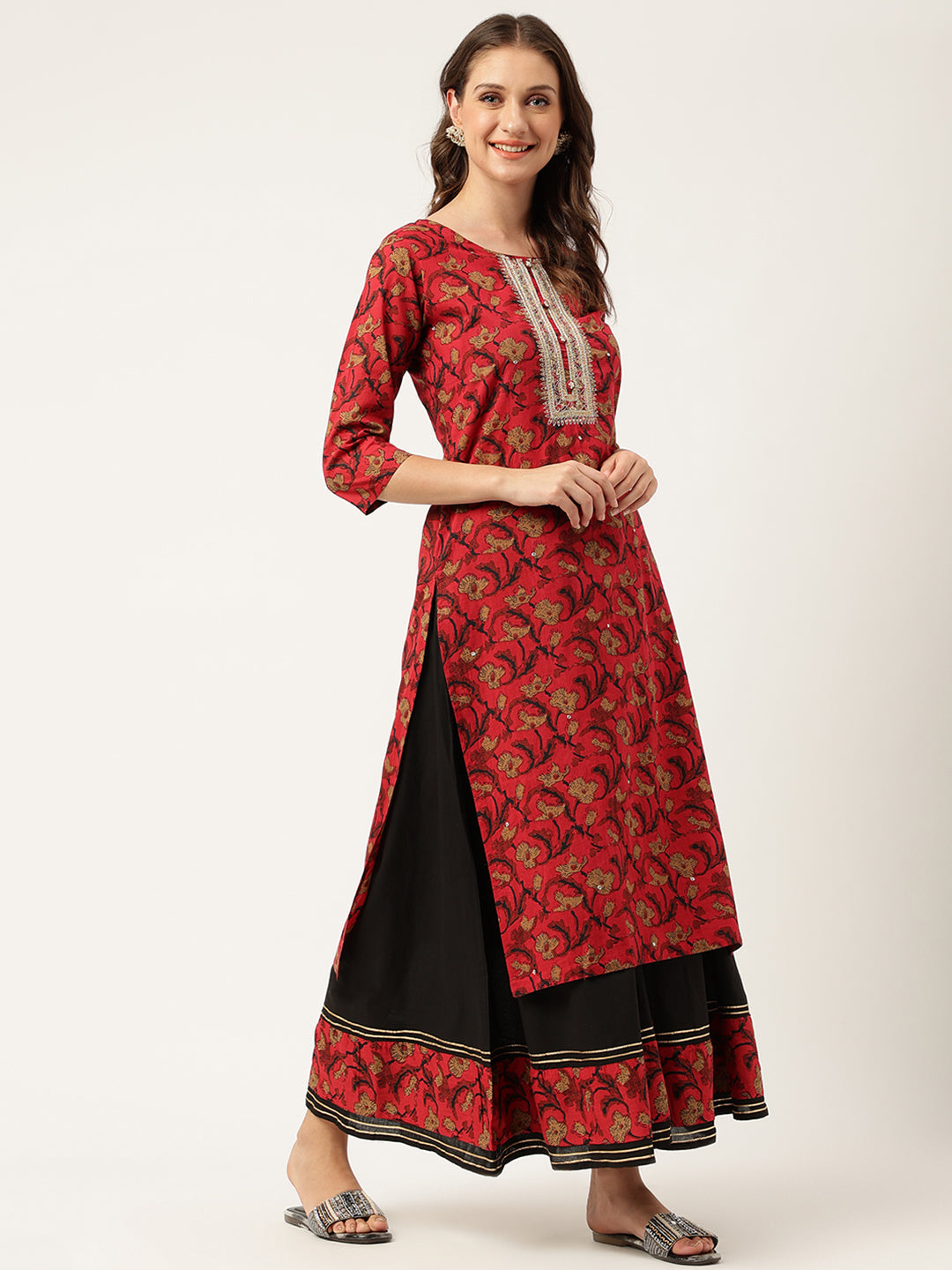 Women's Floral Printed Cotton Kurta with Sharara Set - Taantav