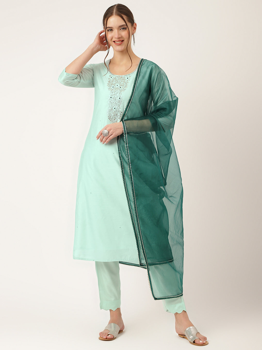 Women's Sea Green Embroidered Chanderi Kurta, Trouser With Dupatta - Taantav