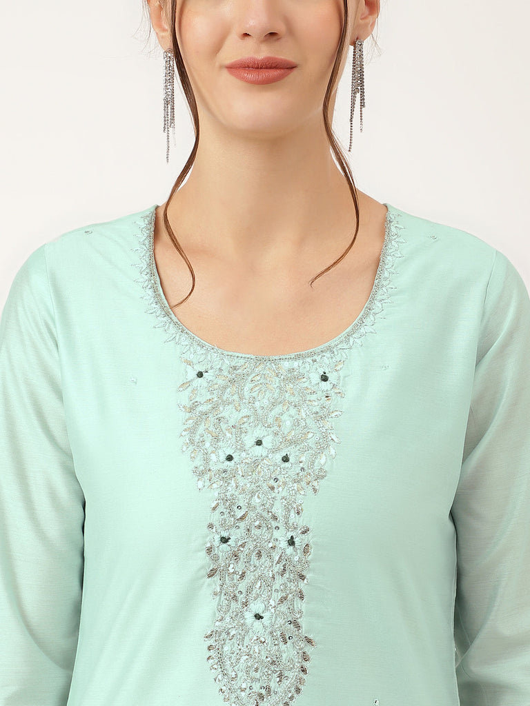 Women's Sea Green Embroidered Chanderi Kurta, Trouser With Dupatta