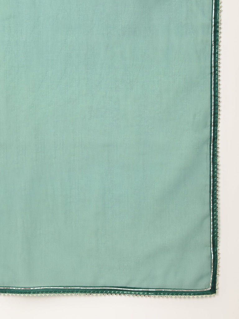Women's Sea Green Embroidered Chanderi Kurta, Trouser With Dupatta