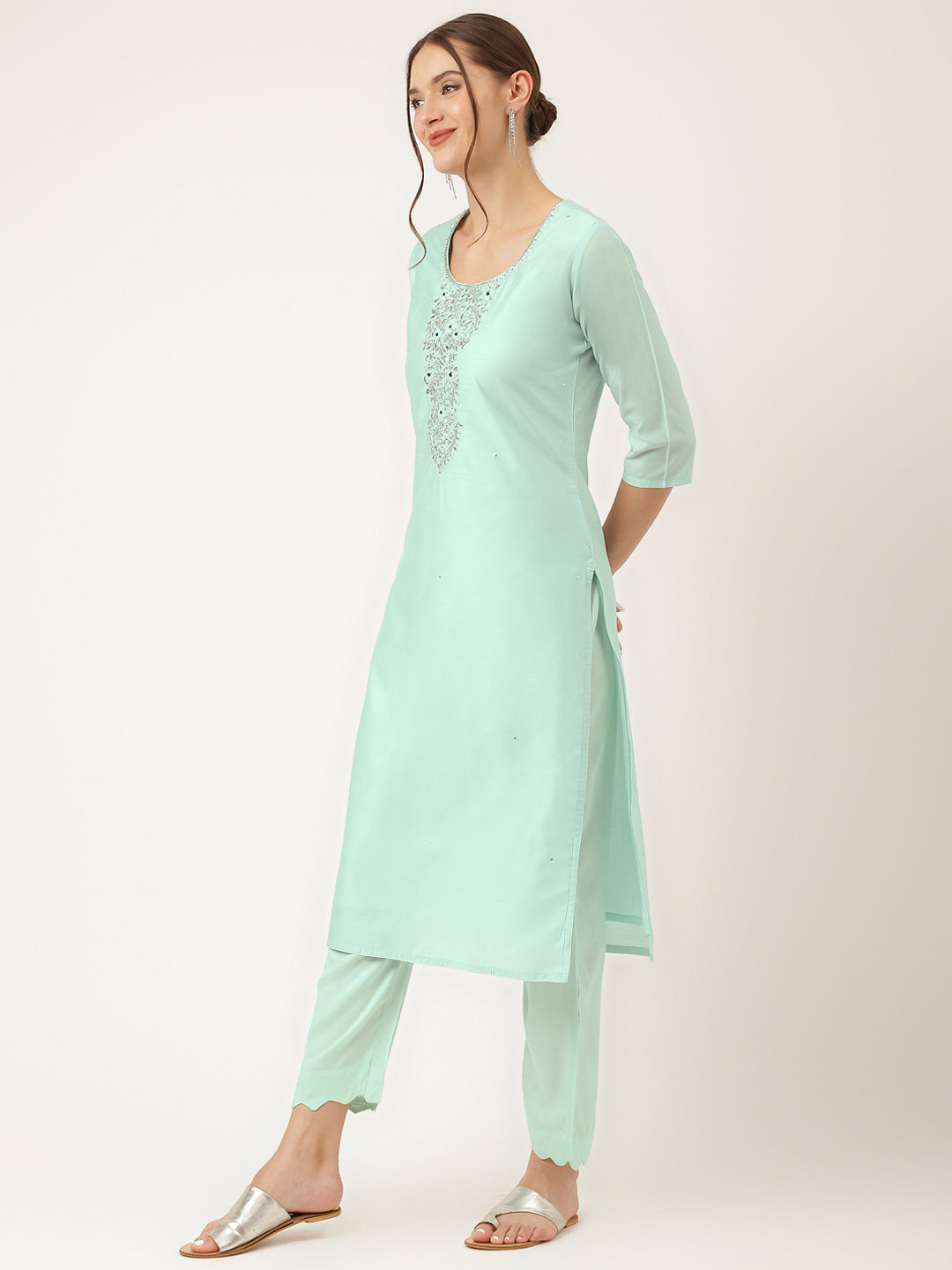 Women's Sea Green Embroidered Chanderi Kurta, Trouser With Dupatta - Taantav