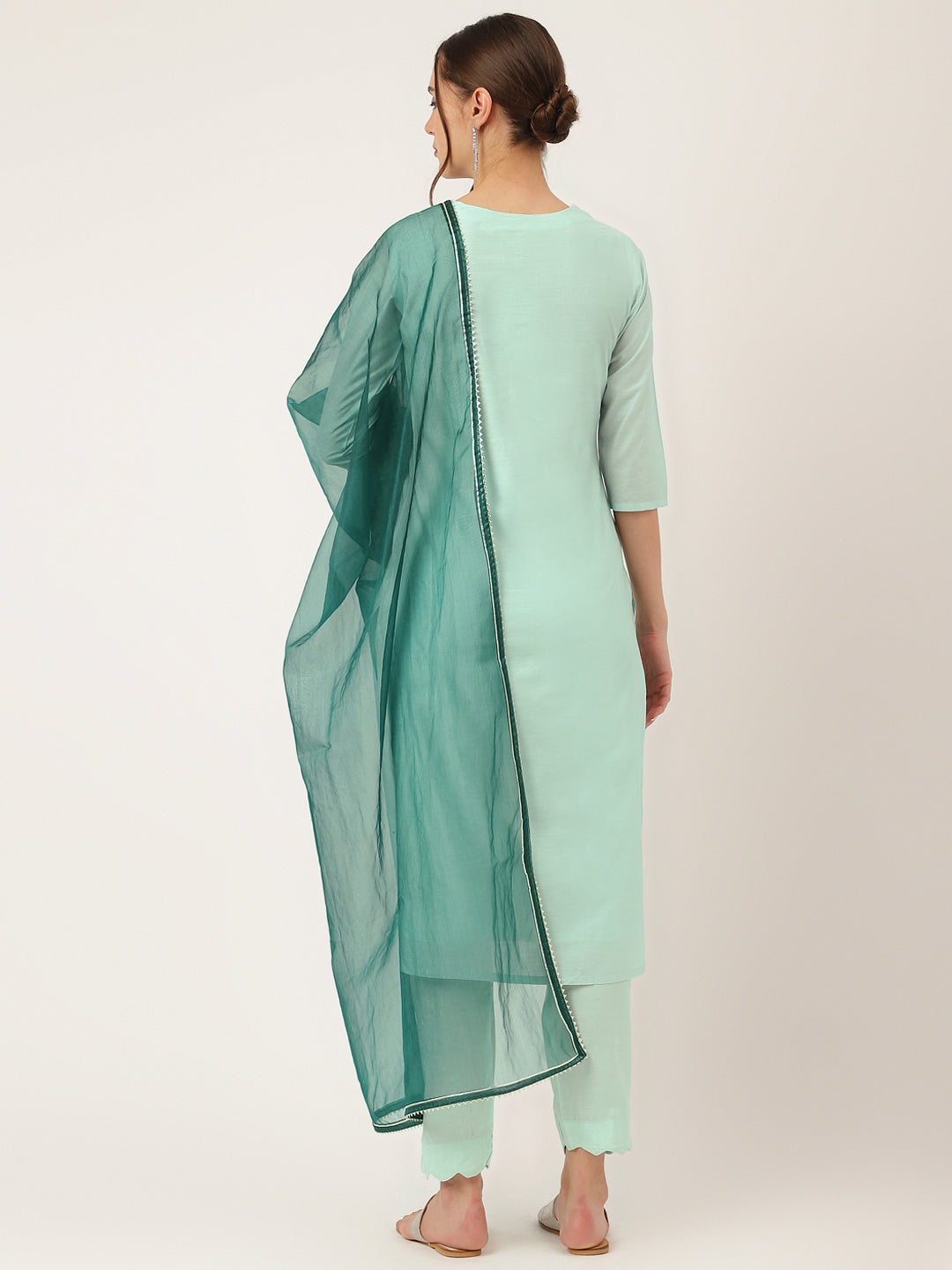 Women's Sea Green Embroidered Chanderi Kurta, Trouser With Dupatta - Taantav